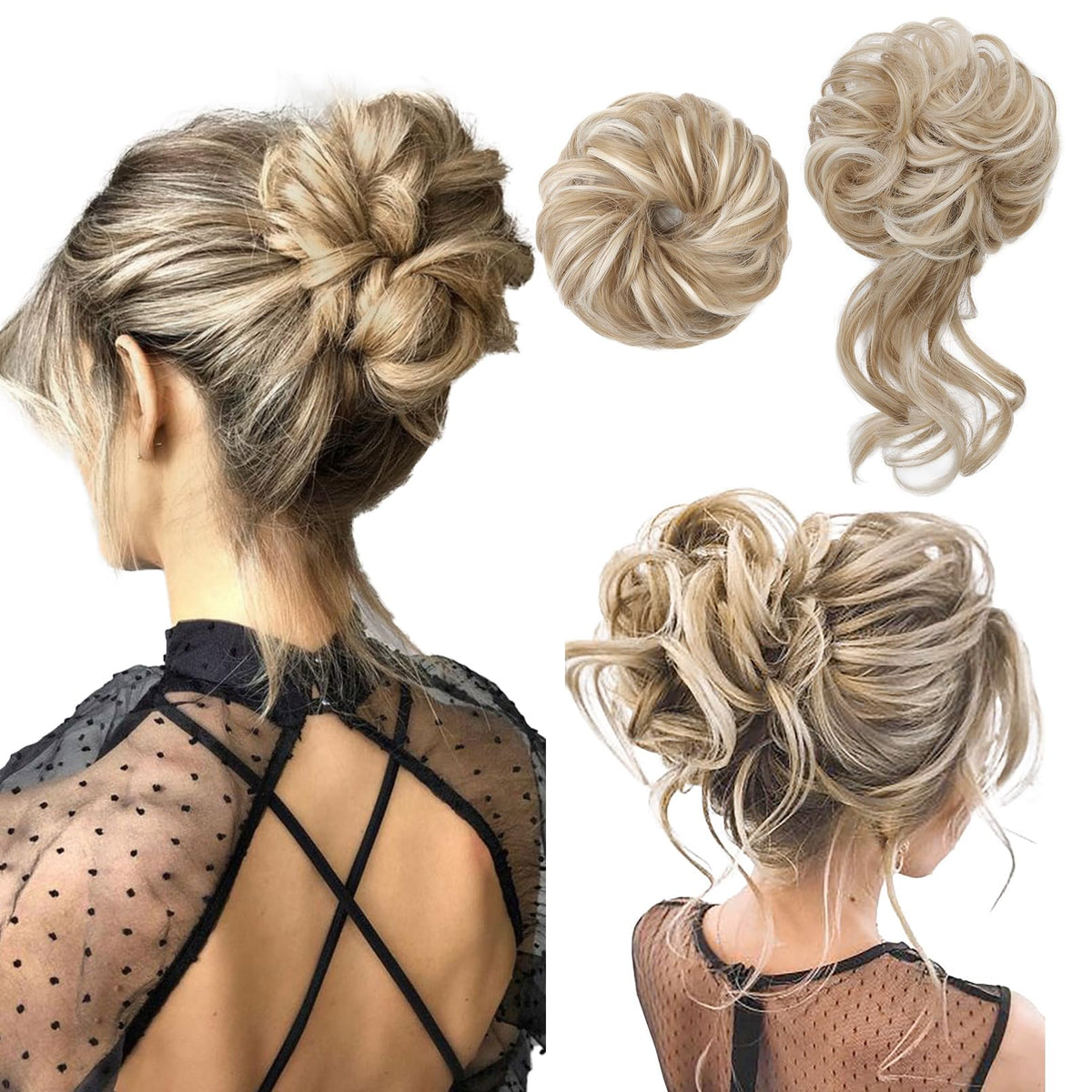 REECHO Messy Bun Hair Piece - Classic Tousled Updo Scrunchies, Ash Blonde Highlights, Medium Pack