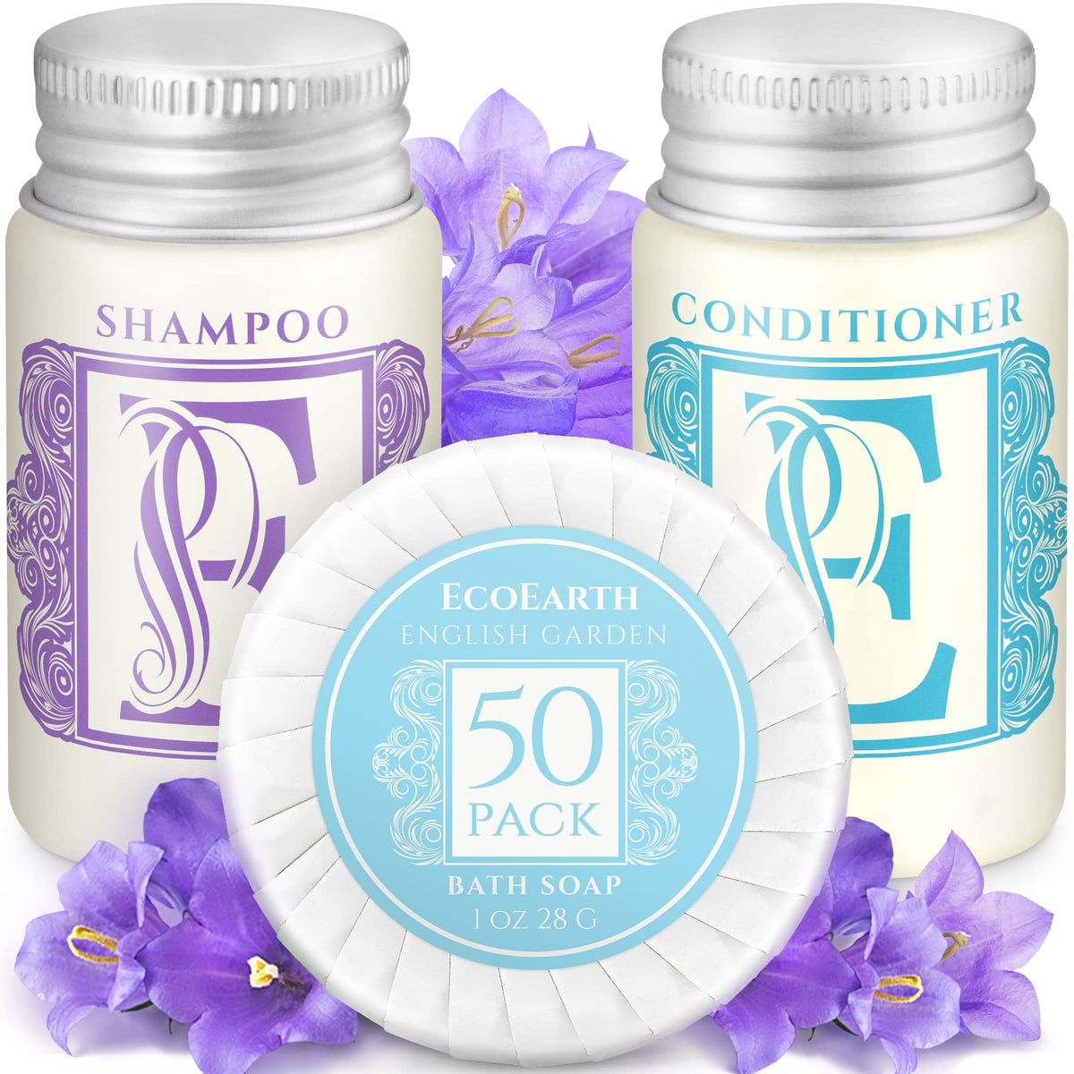 Ecoearth Luxury Travel Amenities Set - 150 Pieces, Round Soaps, Shampoos & Conditioners