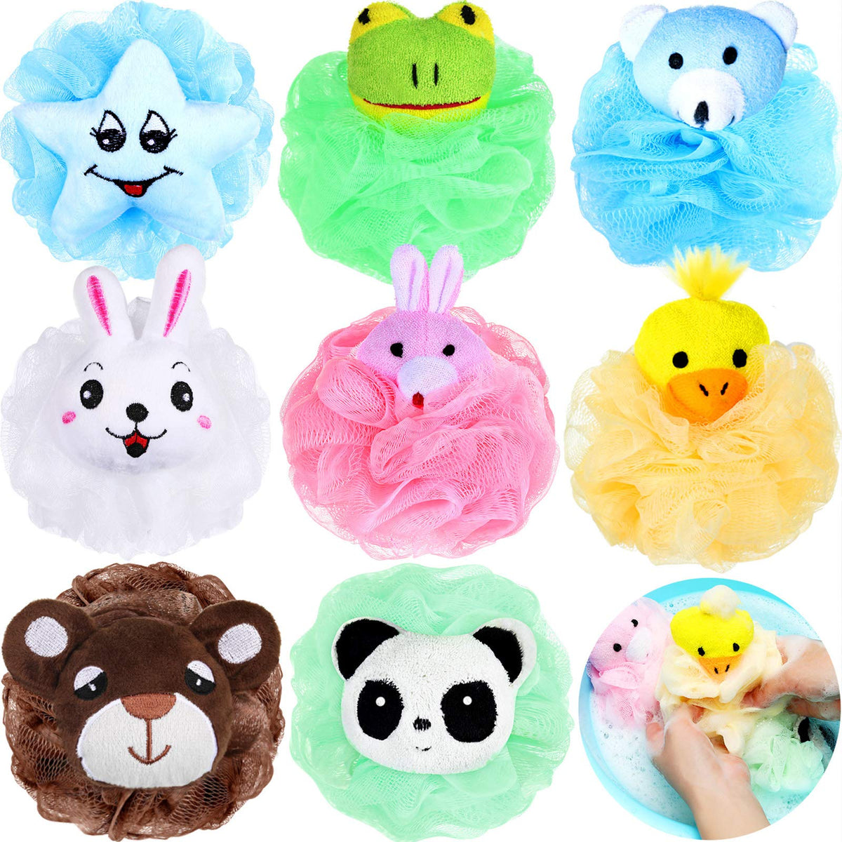 Boao 8-Piece Kids Bath Loofahs - Cute Animal Sponge Shower Balls For Boys & Girls, Yellow