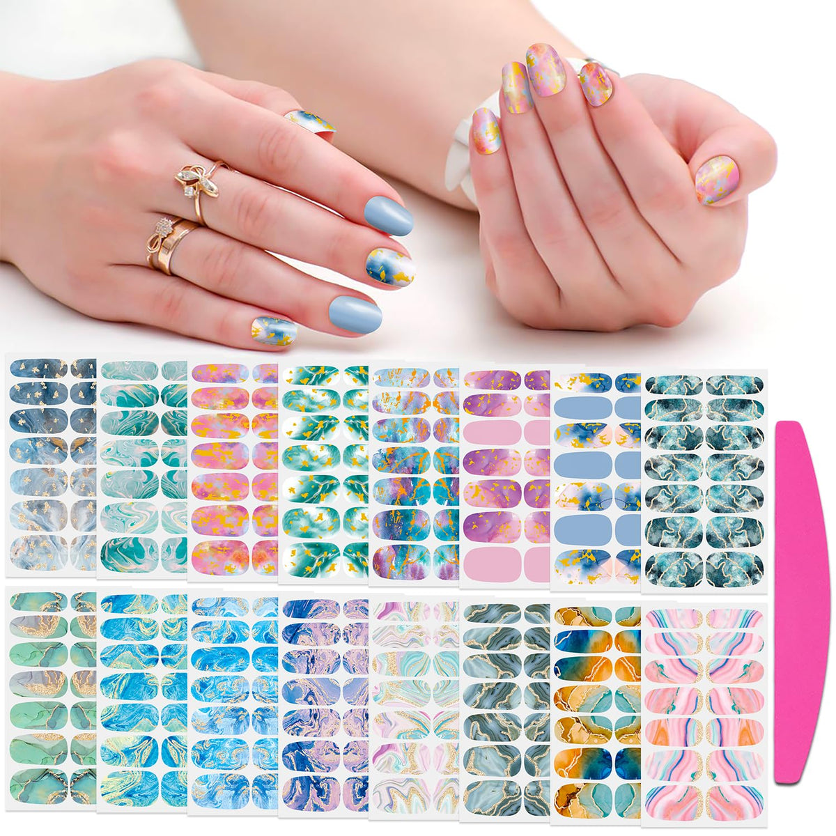 Silpecwee Marble Nail Polish Stickers - 16 Full Wraps & Nail File For Women