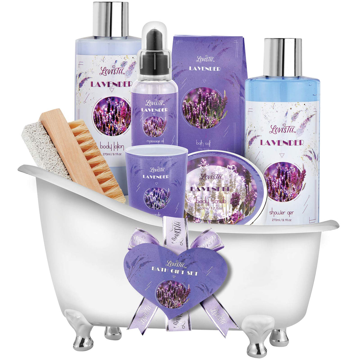 Lovestee Valentines Day Lavender Spa Gift Basket - 7 Piece Bath & Body Set For Women