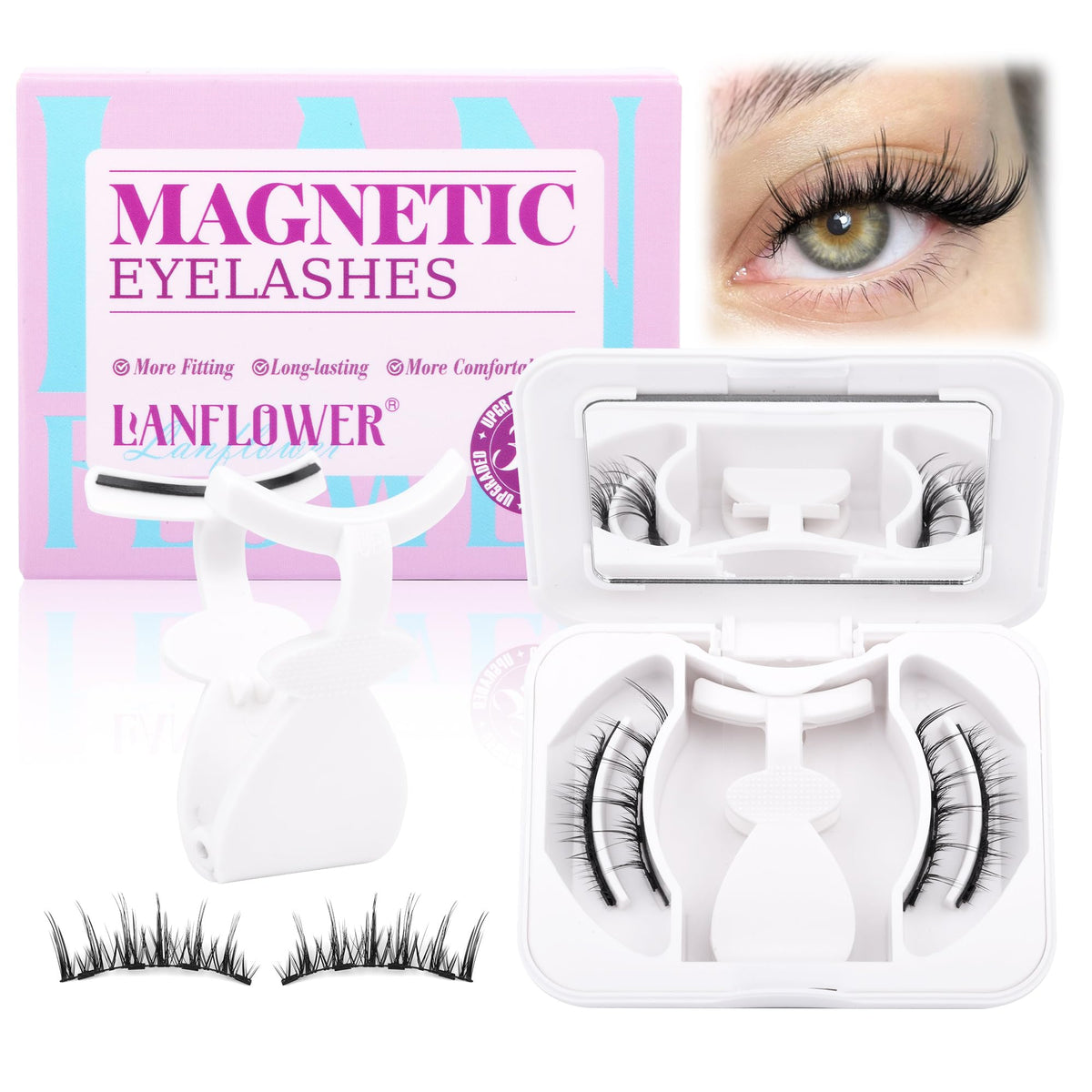 Lanflower Magnetic Eyelashes - Reusable, Natural Look, No Eyeliner, With Applicator, Wispy Lashes