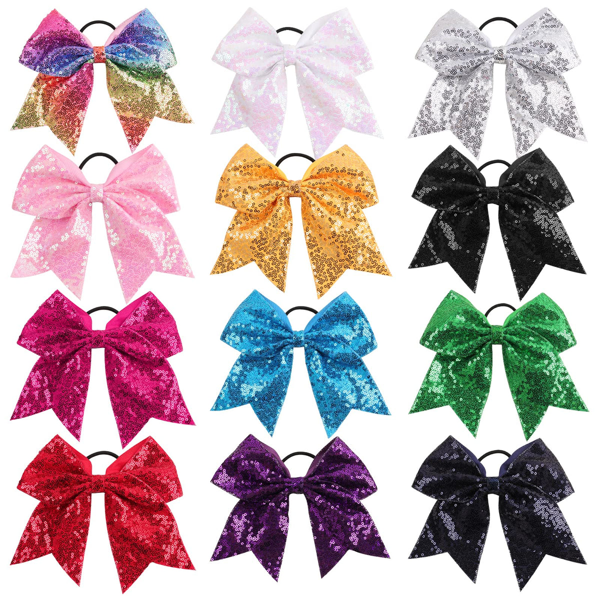 OAOLEER 12PCS Large Glitter Cheer Hair Bows for Girls - Sequin Ponytail Holders