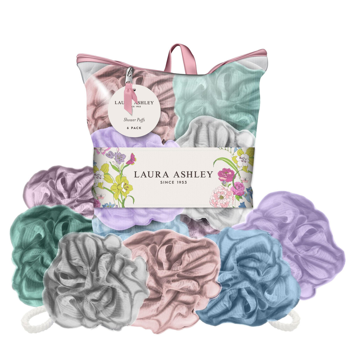 Laura Ashley 6 Pack Loofah Shower Poufs - Exfoliating Body Scrubbers In Washable Bag