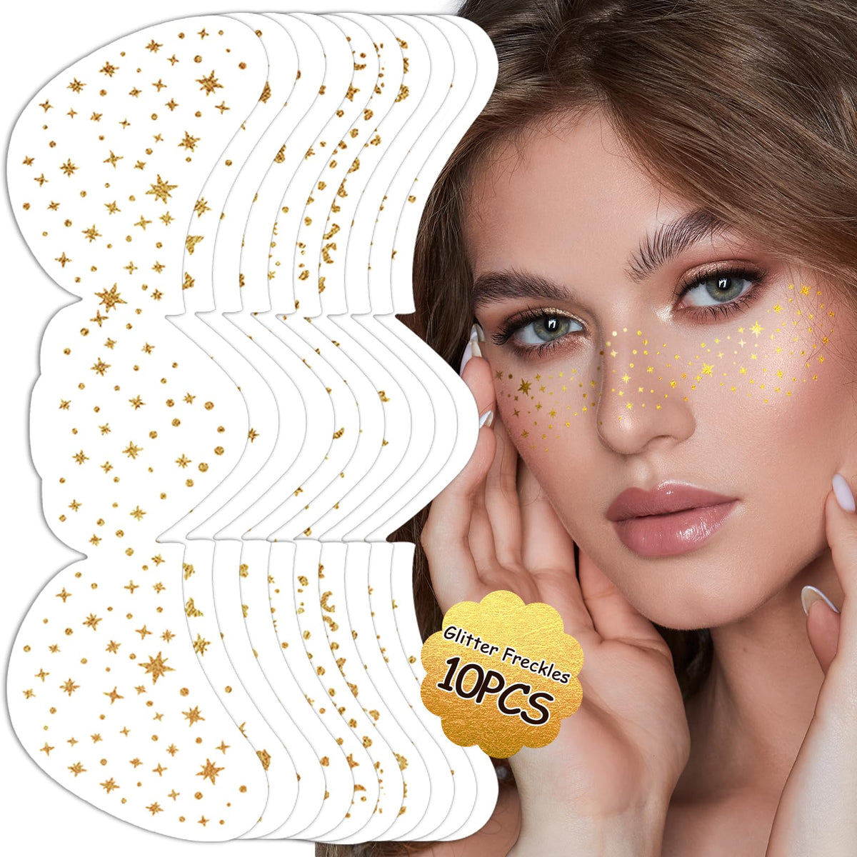 Weipbwor Gold Glitter Freckles Face Tattoos - 10 Sheets Waterproof Temporary Makeup Stickers