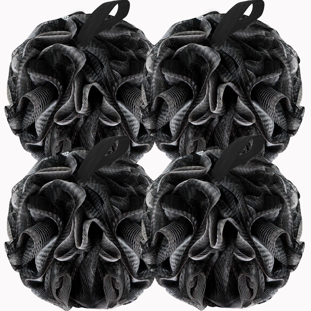 Bckeney Bath Loofah Shower Sponge Set - Exfoliating Mesh Body Scrubber (4 Pack, Charcoal Black)