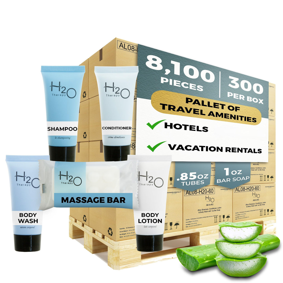 H2O Therapy Hotel Soaps Bulk Set | 8,100 Travel Size Shampoo, Conditioner, Body Wash, Lotion