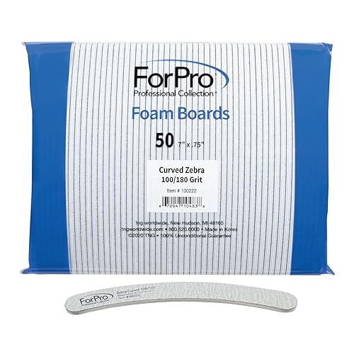 ForPro Zebra Curved Foam Nail Files, 100/180 Grit, Double-Sided, 50 Count, 7” L