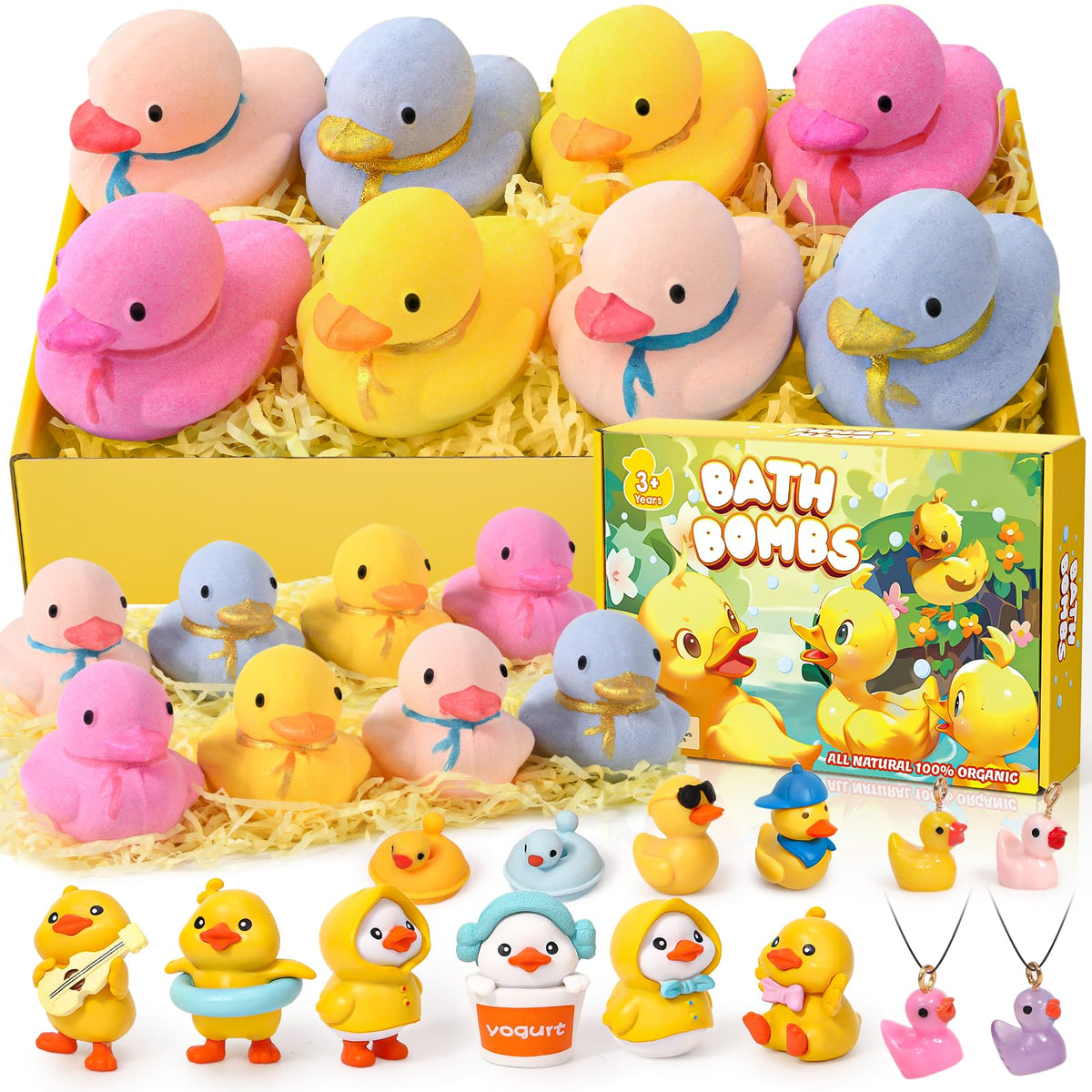 Toylink Bath Bombs For Kids - 8 Pack With Surprise Duck Toys & Necklace - Organic Bubble Fizzies