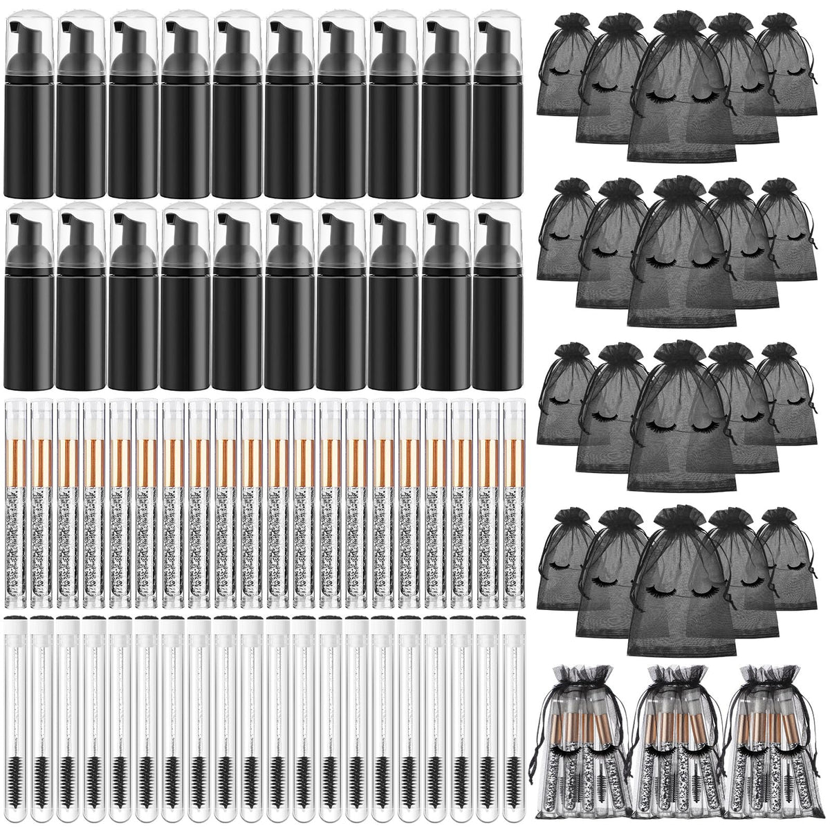 Zhehao 80 Pcs Lash Shampoo Brushes Set - Foam Pump Dispensers, Aftercare Bags, Cleaning Kit - Black