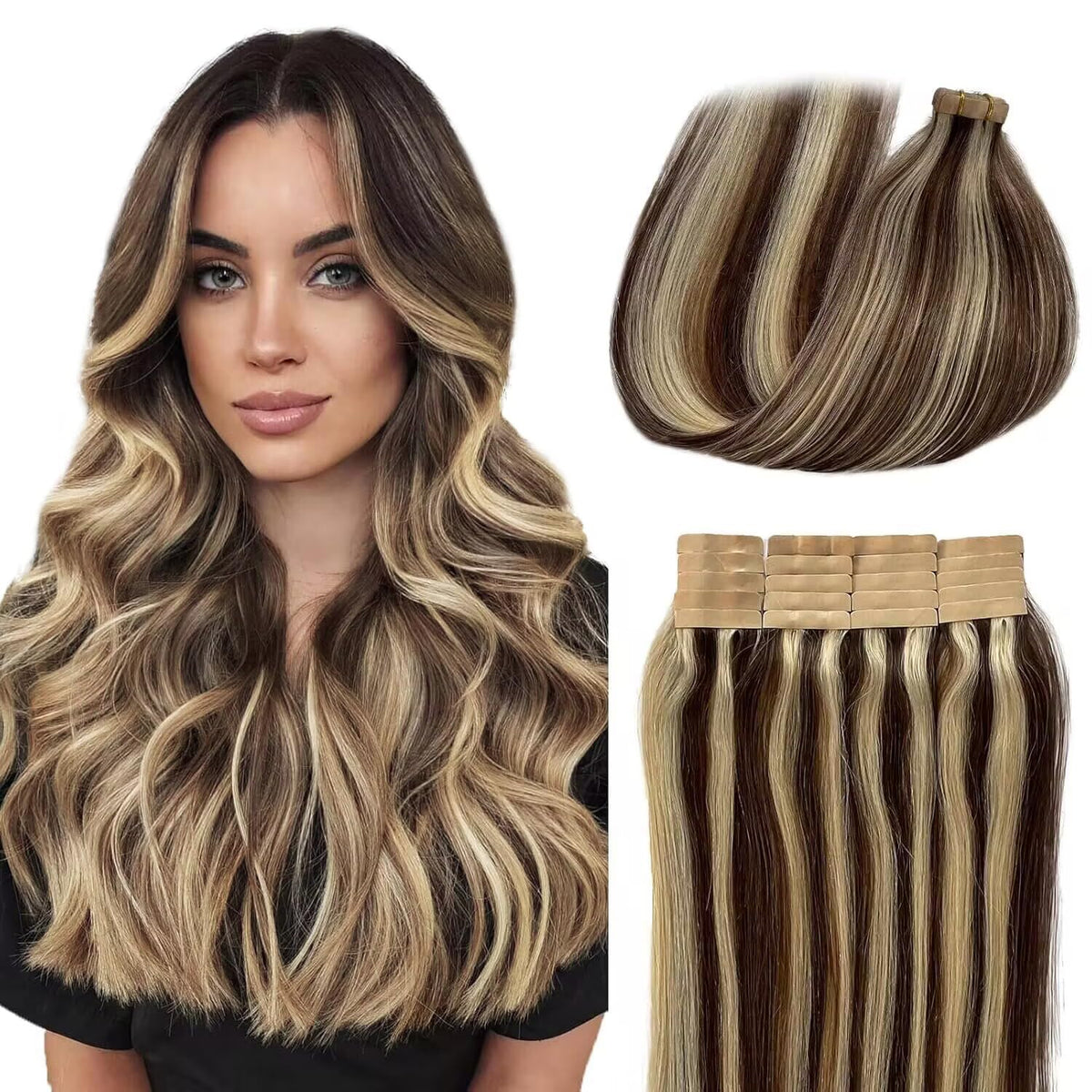 Munx 18&quot; Tape In Hair Extensions 20Pcs 40G Medium Brown & Bleach Blonde Human Hair Remy