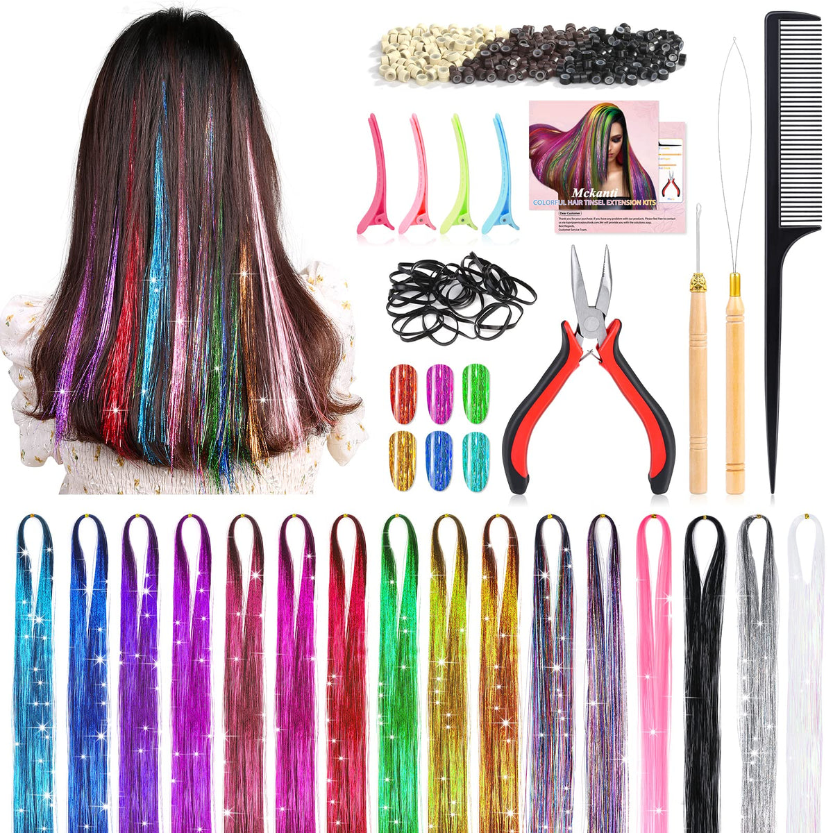 Mckanti Hair Tinsel Kit - 16 Colors, 3200 Strands, Synthetic Hair Extensions For Fashion