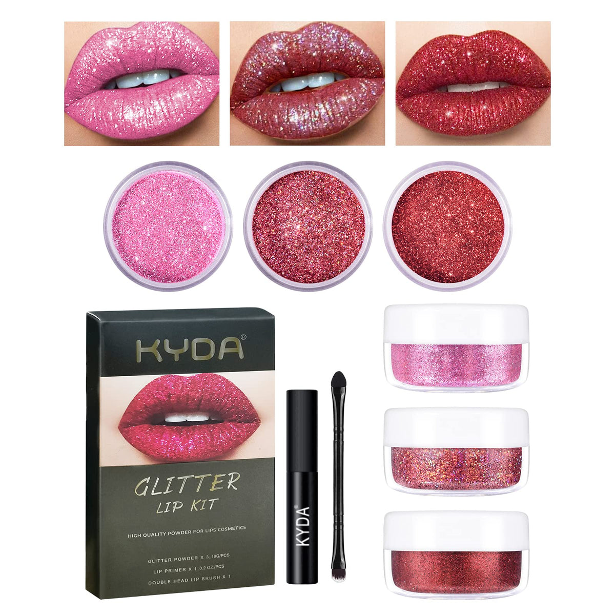 Freeorr Glitter Lip Kit - Waterproof Metallic Lip Powder & Primer, Set A, Long Lasting, Smudge Proof