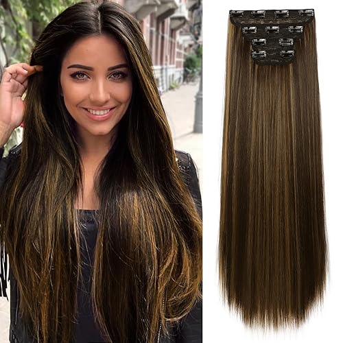 REECHO 28&quot; Dark Brown Highlight Clip-in Hair Extensions - 4 PCS, Synthetic, 320g