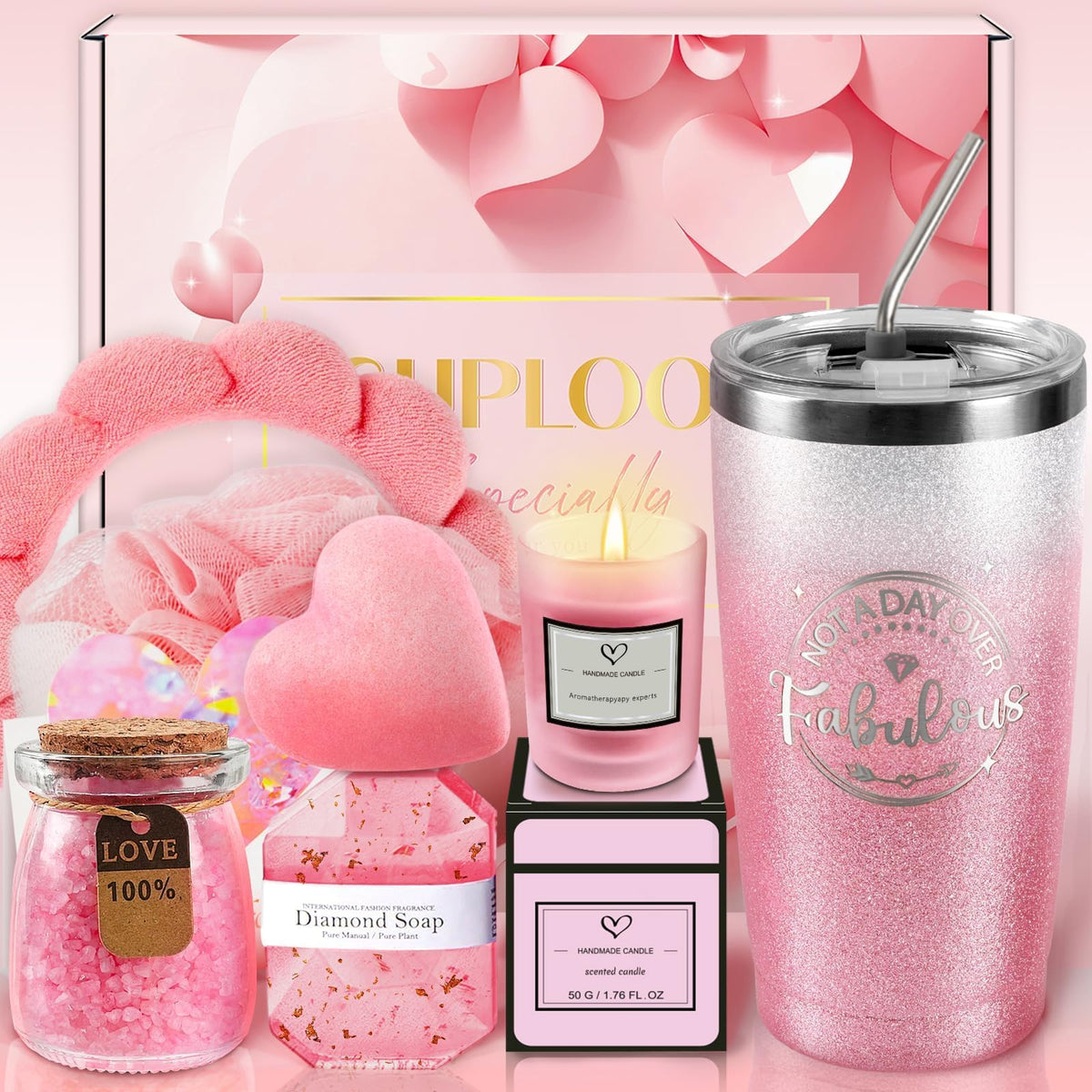 Cuploov Spa Gift Basket Set For Women - Pink Relaxing Self-Care Bath Set With Tumbler Cup