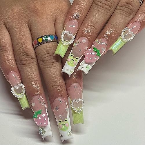 IMSOHOT Green French Tip Press on Nails - 24pcs 3D Strawberry Heart Pearl Full Cover Acrylics