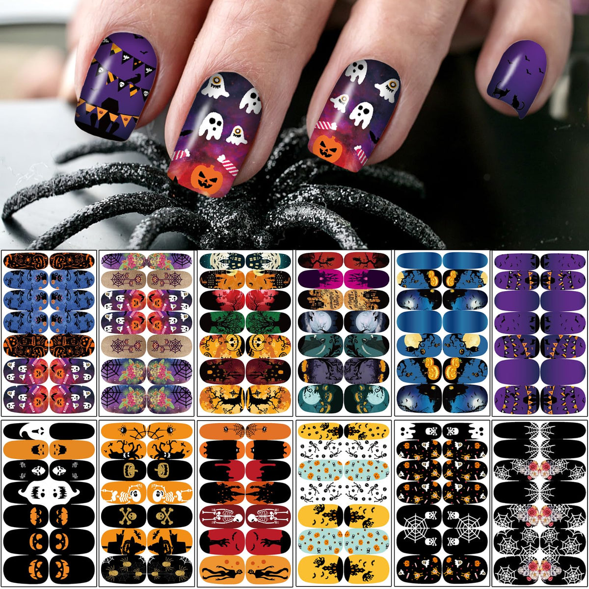 Winthrop 12 Sheets Halloween Nail Wraps Stickers - Pumpkin Bat Ghost Designs With Nail Files