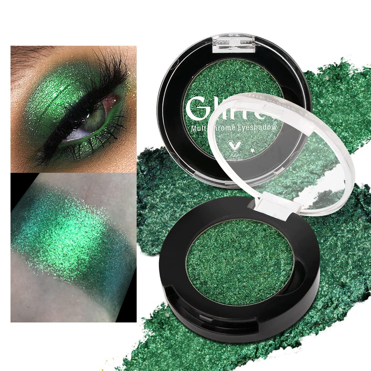 Beuself Green Shimmery Eyeshadow - Highly Pigmented Metallic Glitter, 0.35 Oz, Talc Free