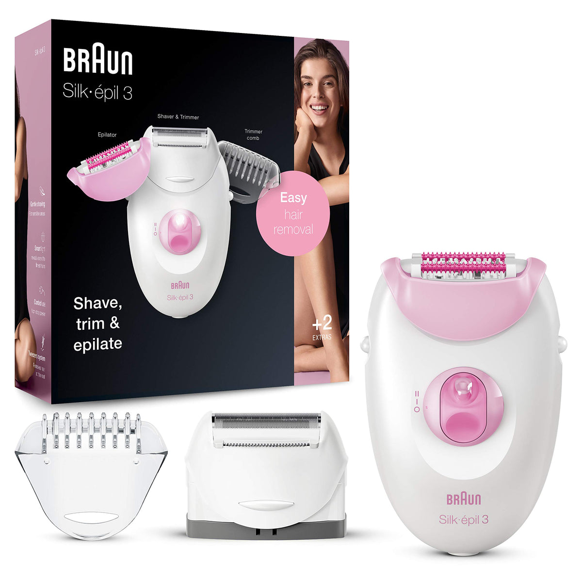 Braun Silk-Epil 3 Epilator For Women - Hair Removal Device, Shaver & Trimmer, Pink