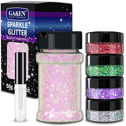 GA&EN Holographic Chunky Glitter Set - 50g Light Pink & White + 32g Multi-Shapes Body Makeup