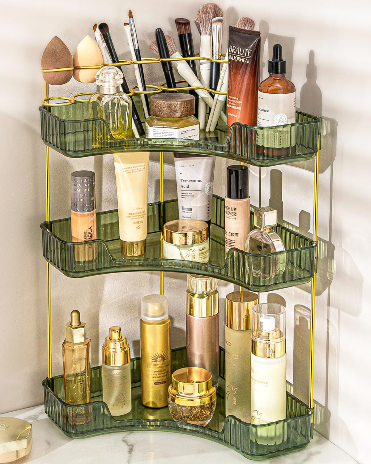 Nature'S Source 3-Tier Green Makeup Organizer For Vanity & Bathroom With Brush Holder