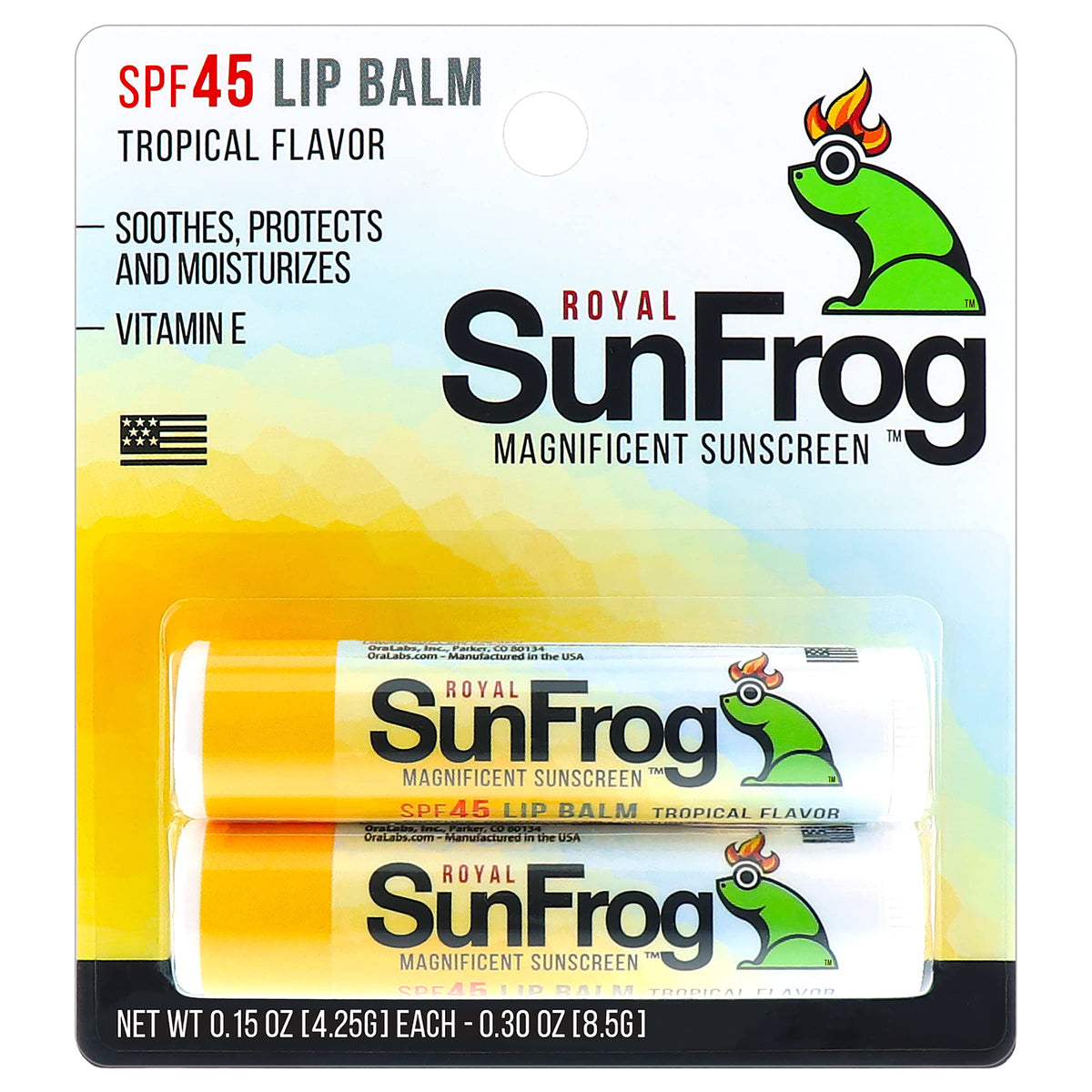 Royal Sunfrog Tropical Lip Balm 2-Pack, Spf 45, Moisturizing With Vitamin E, 0.15Oz St