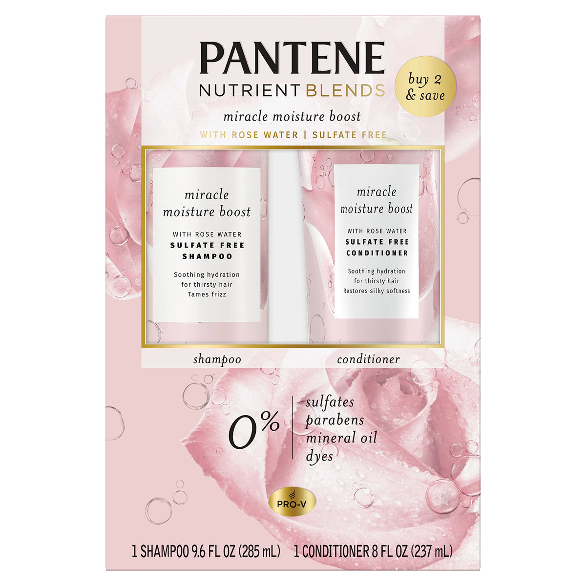 Pantene Miracle Moisture Boost Rose Water Shampoo & Conditioner Set For Dry Hair, Sulfate Free