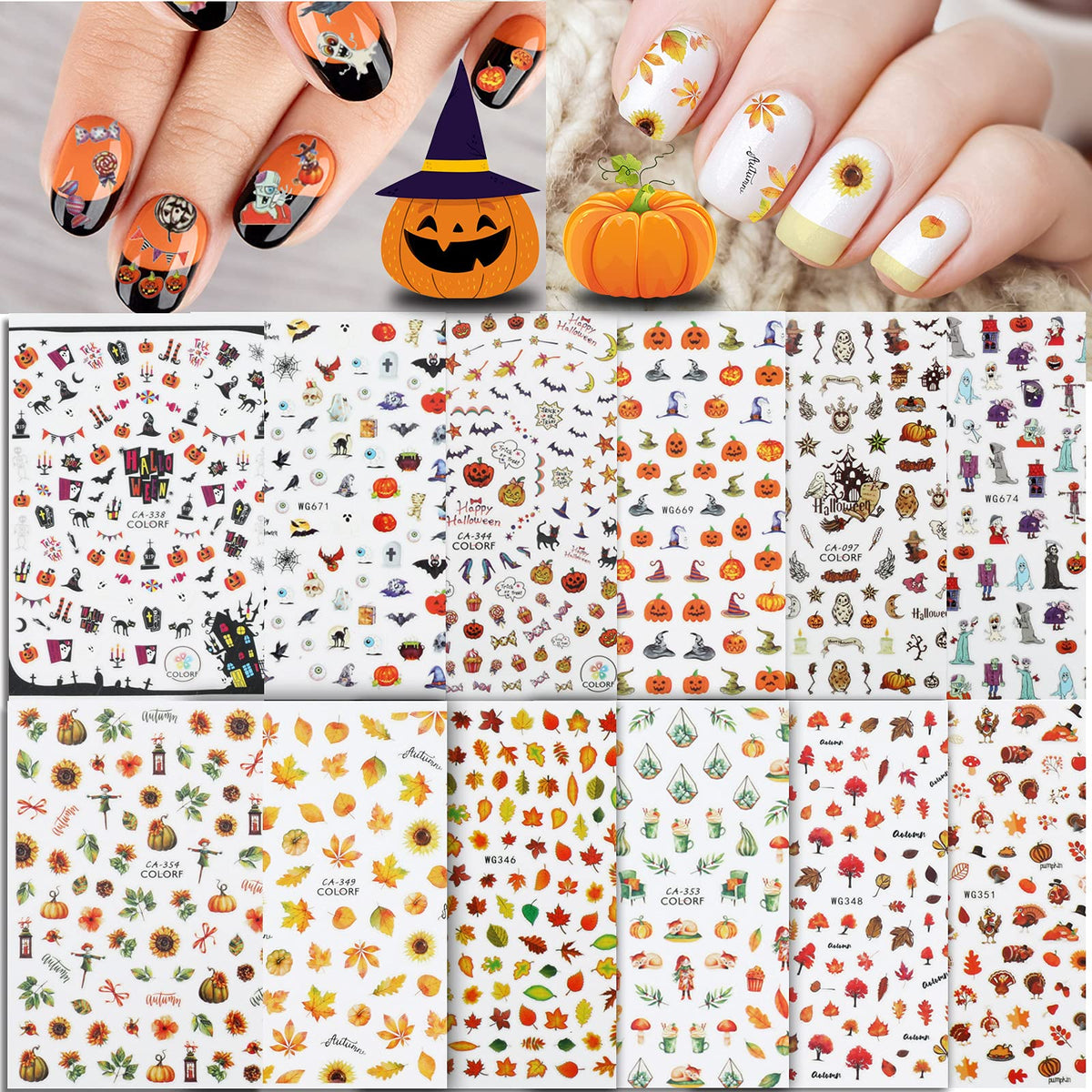 Whaline 1000+ Autumn Halloween Nail Art Stickers, Fall Leaves, Pumpkins, Ghosts - 12 Sheets