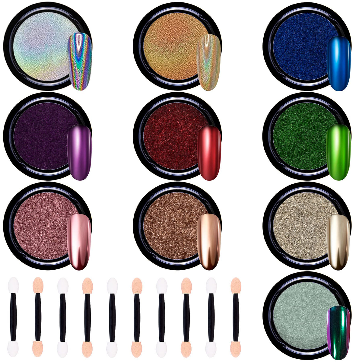 Duufin Metallic Chrome Nail Powder Set - 10 Jars with Eyeshadow Sticks for Nail Art