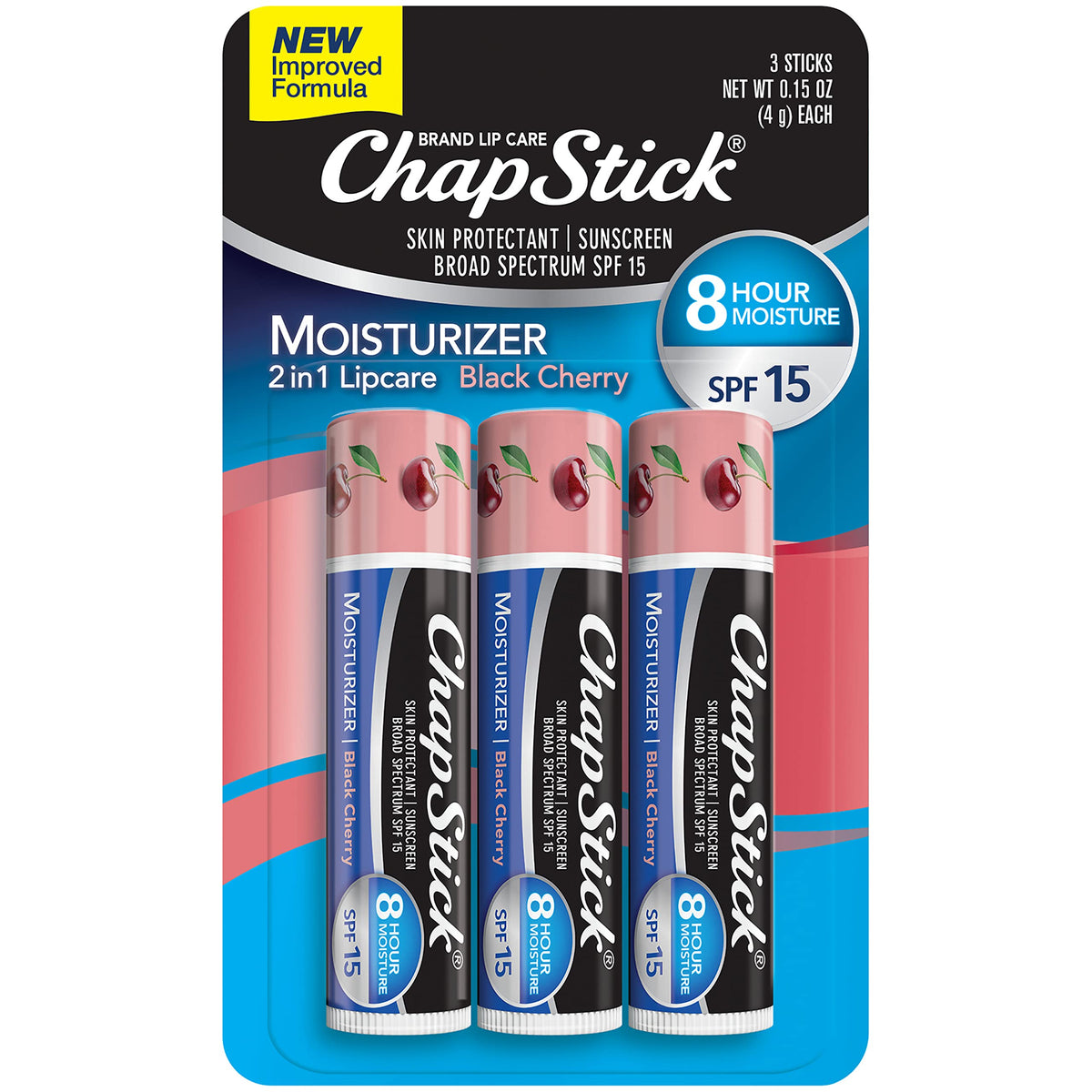 Chapstick Black Cherry Lip Balm, Spf 15 Moisturizer, 3 Pack, 0.15 Oz Each