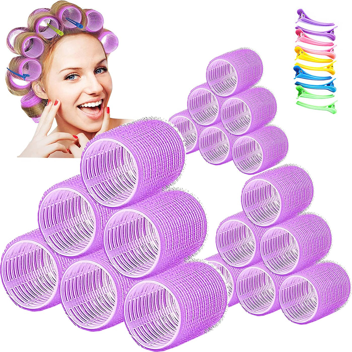 HAWOWZ Jumbo Hair Rollers Set - 28Pcs Self Grip Curlers for Long Hair with Clips, No Heat