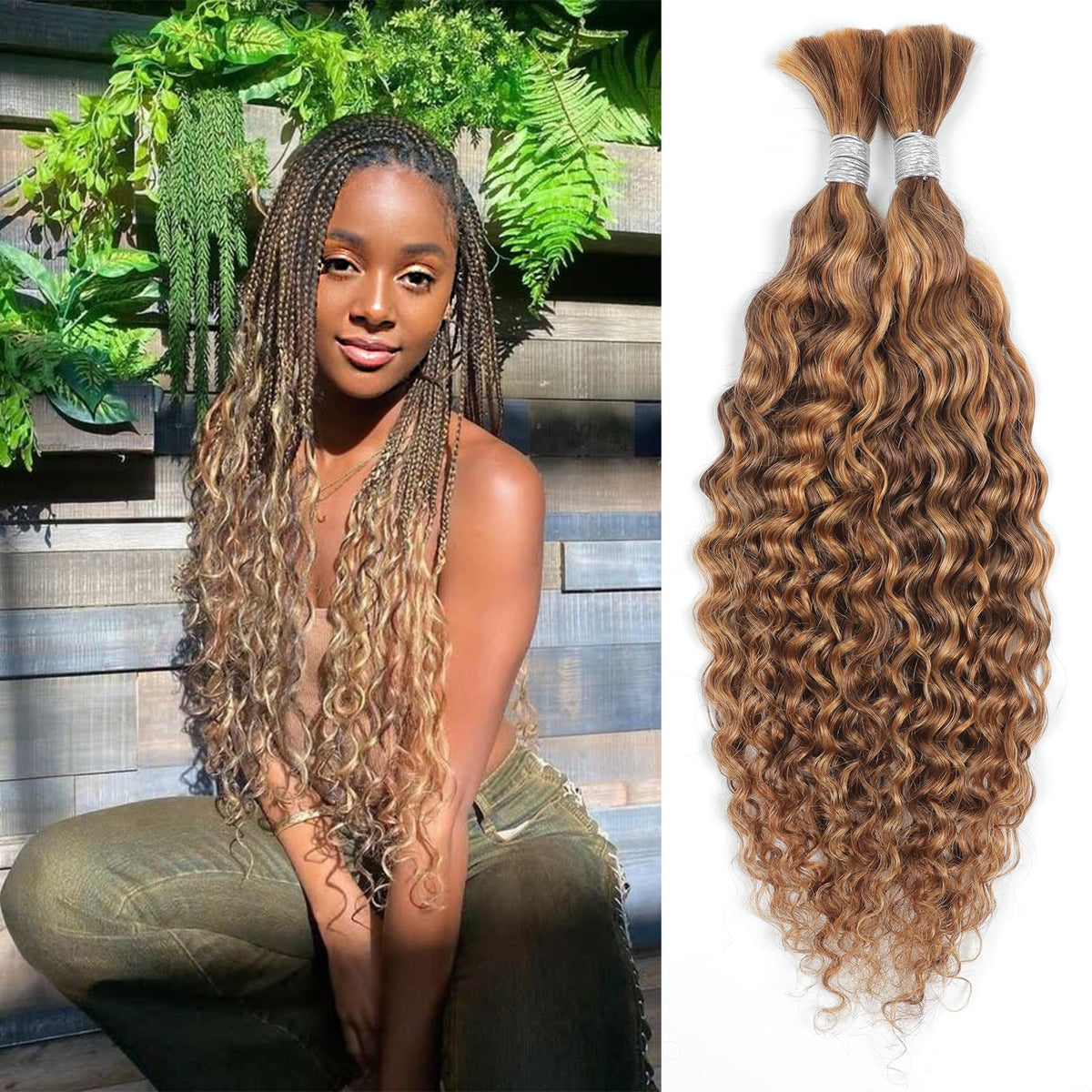 Showcoco 14&quot; Water Wave Bulk Human Hair For Braiding, 100G, 2 Bundles, Color 4/