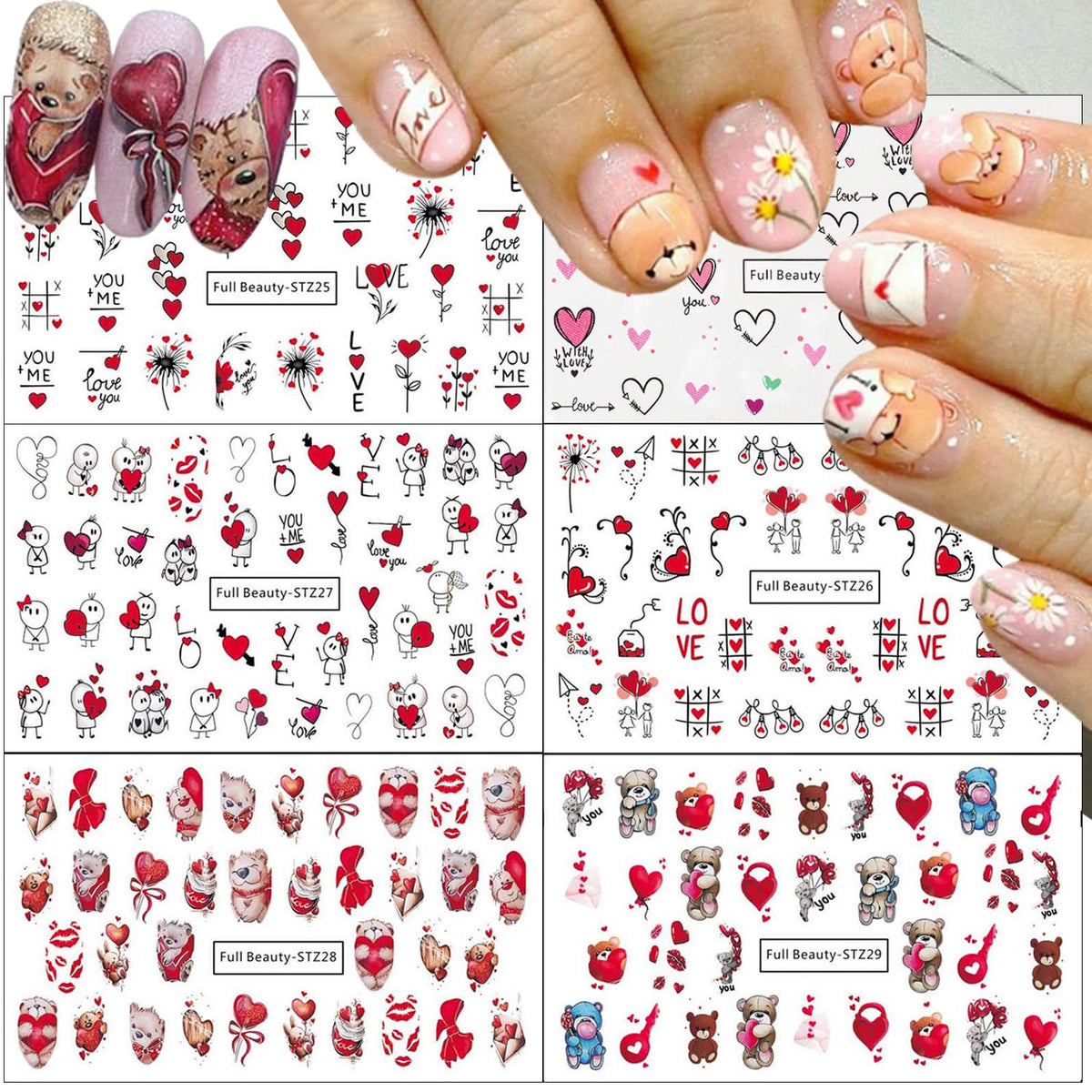 Sutaozhi 12 Sheets Valentine'S Day Nail Stickers, Heart Water Transfer Decals For Women & Girls