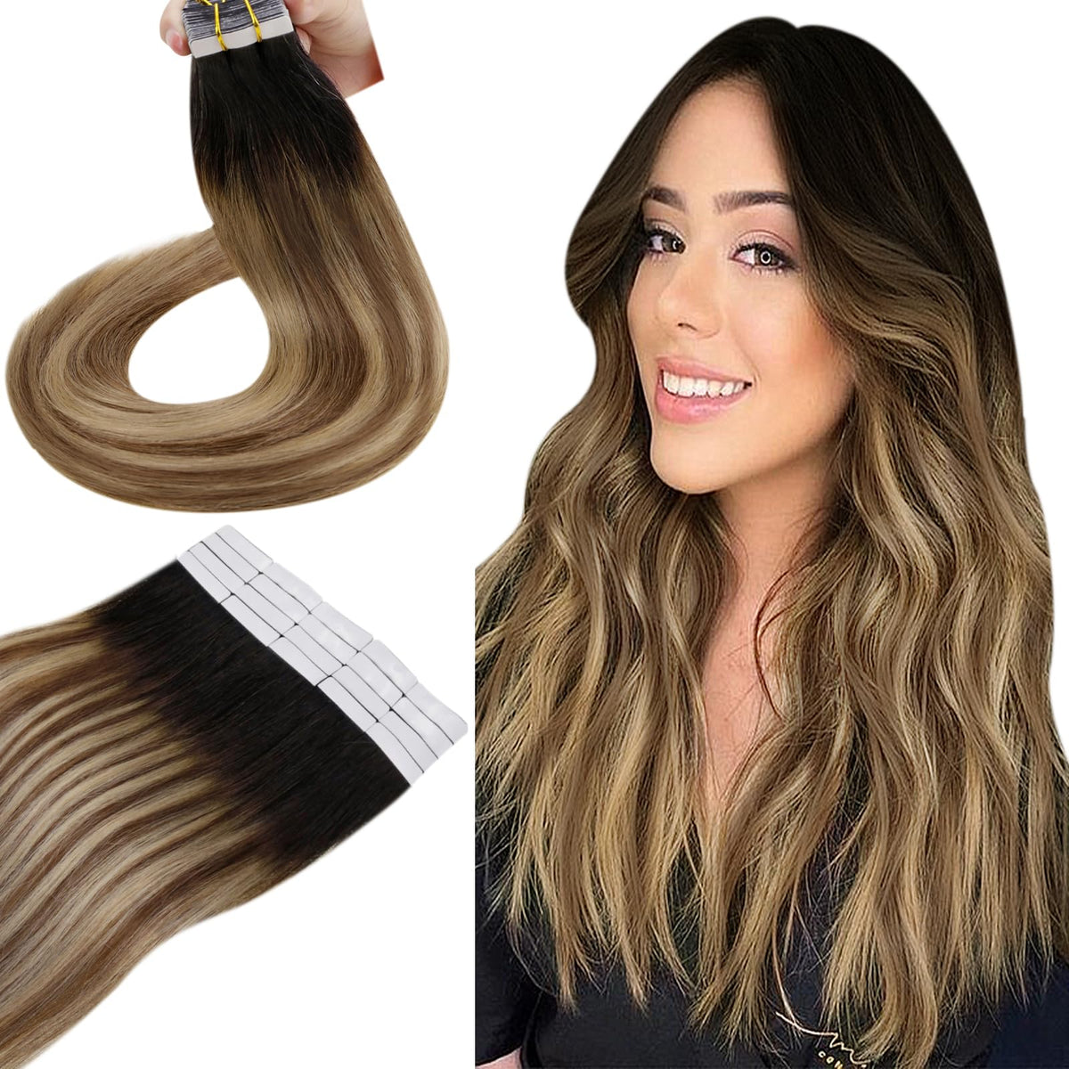 Hetto 12&quot; Tape In Hair Extensions, 40G Human Hair #1B/6/27 Black Ombre To Blonde,