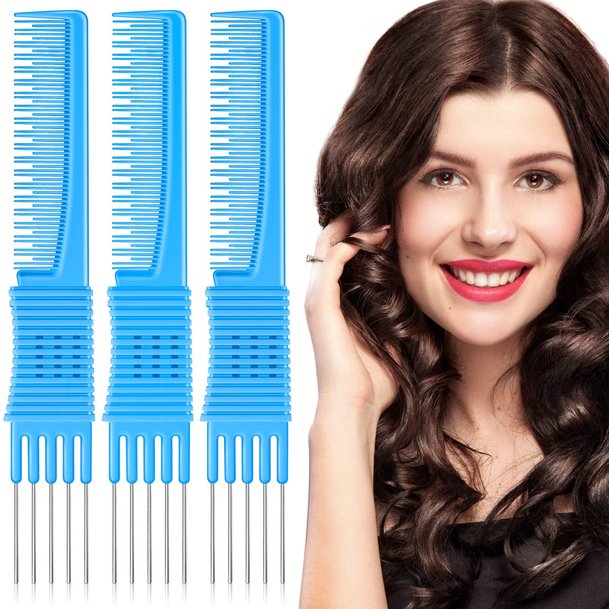 Leinuosen 3 Pack Carbon Lift Teasing Combs with Metal Prong - Large Blue Salon Combs