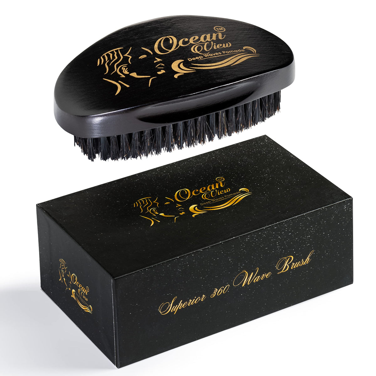 Ocean View Pomade With Wooden Brush - Medium Firm For 540/720 Waves, 5Oz Black Gold