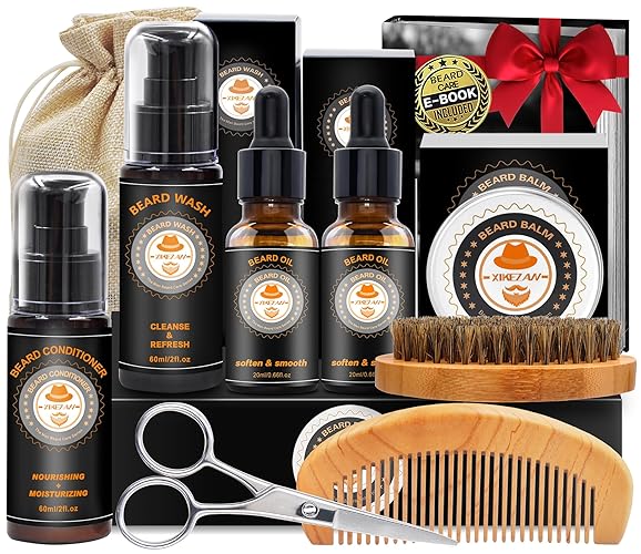 Xikezan Upgraded Beard Grooming Kit - Conditioner, Oil, Balm, Brush, Wash & More, Perfect Gift For Men