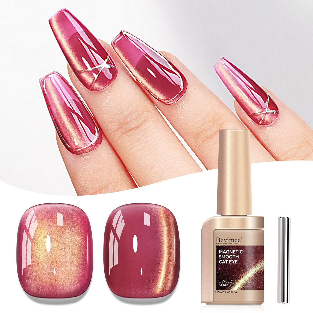 Bevimee Cat Eye Gel Nail Polish - Red Glass Jelly, Holographic Velvet Uv Gel, 12Ml