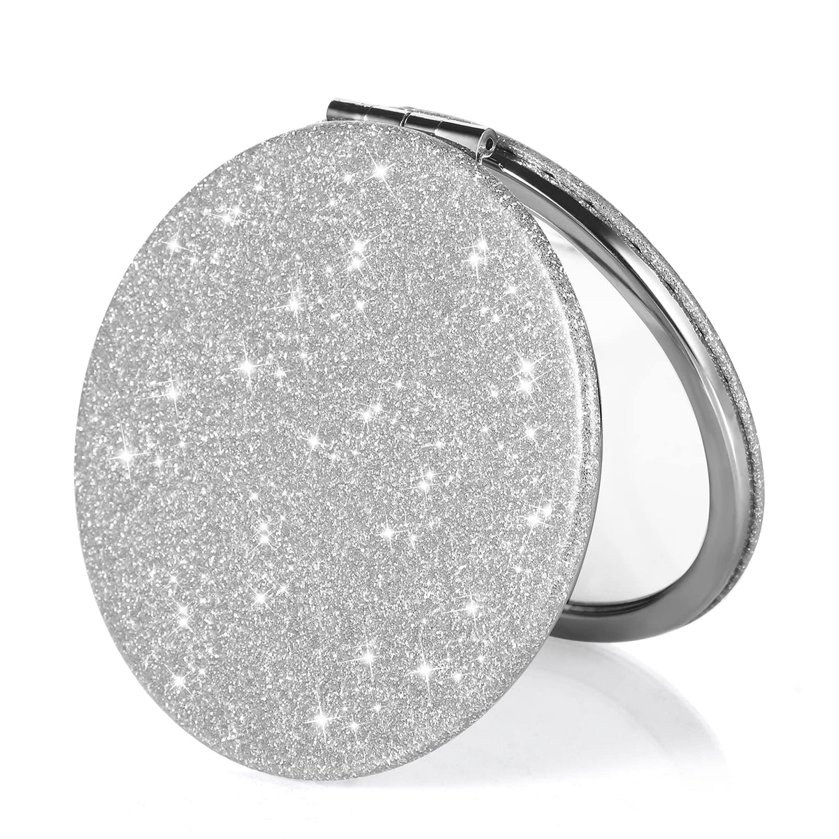 Dynippy Bling Silver Compact Mirror, 3.15&quot; Double-Sided 1X/2X Magnifying Makeup Hand Mirror