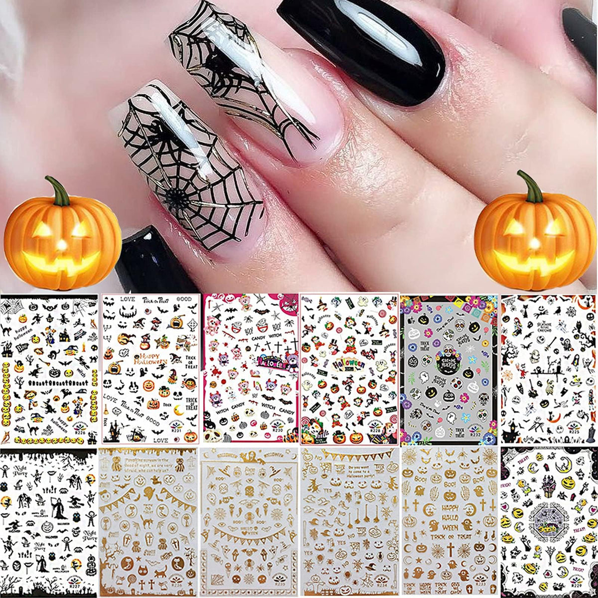 Kalolary Halloween Nail Art Stickers - 12 Self-Adhesive 3D Designs - Pumpkins, Bats, Ghosts