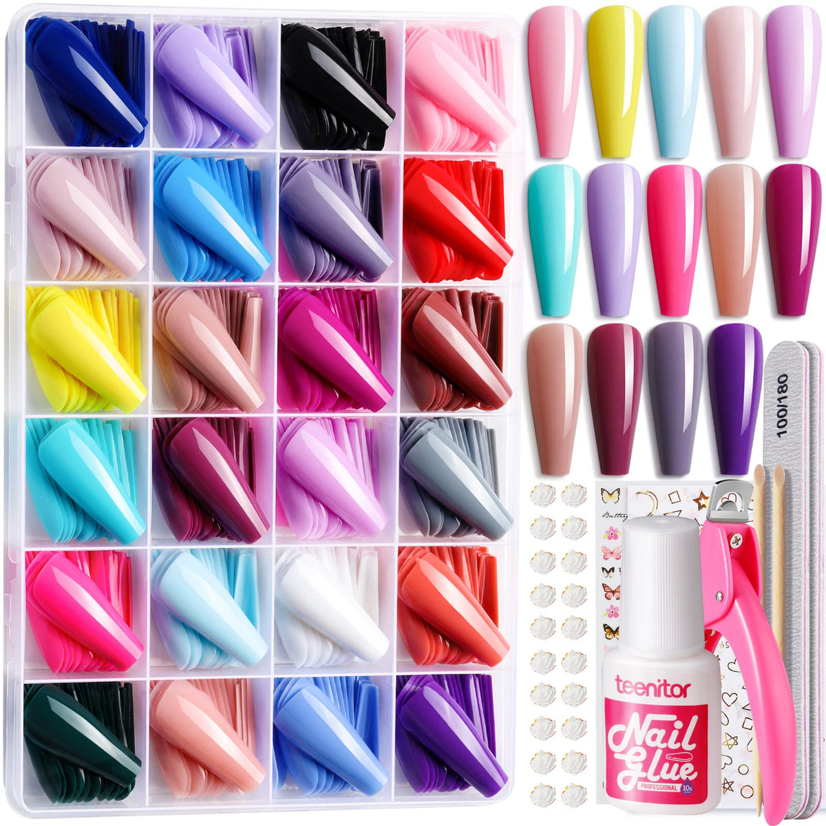 Teenitor Press On Coffin Nails - 576pcs in 24 Glossy Colors, Long Ballerina Fake Nail Tips