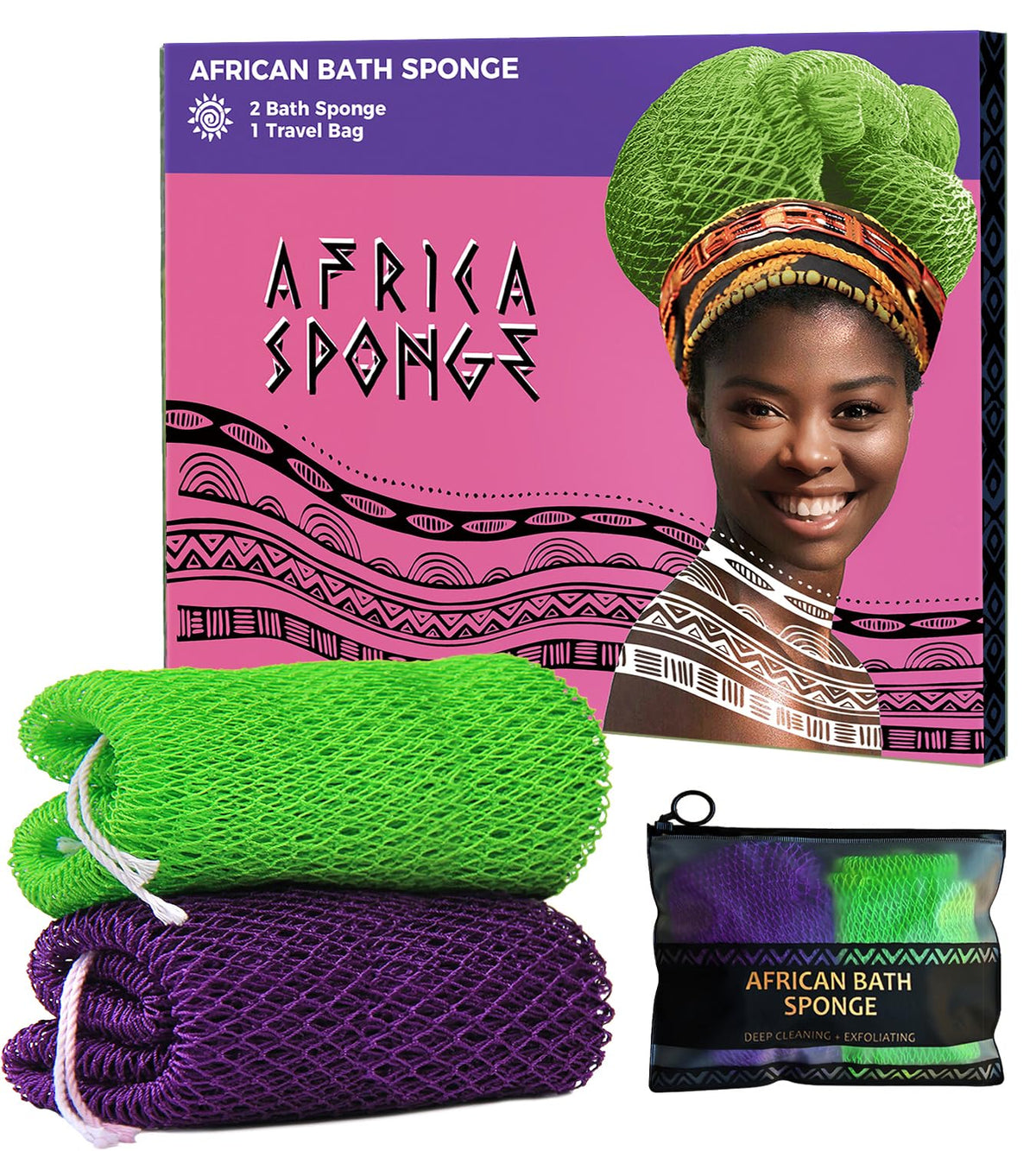 Relaxscene African Net Sponge Set - 2 Real Loofah Shower Sponges, Exfoliating Body Scrubber, Purple & Green