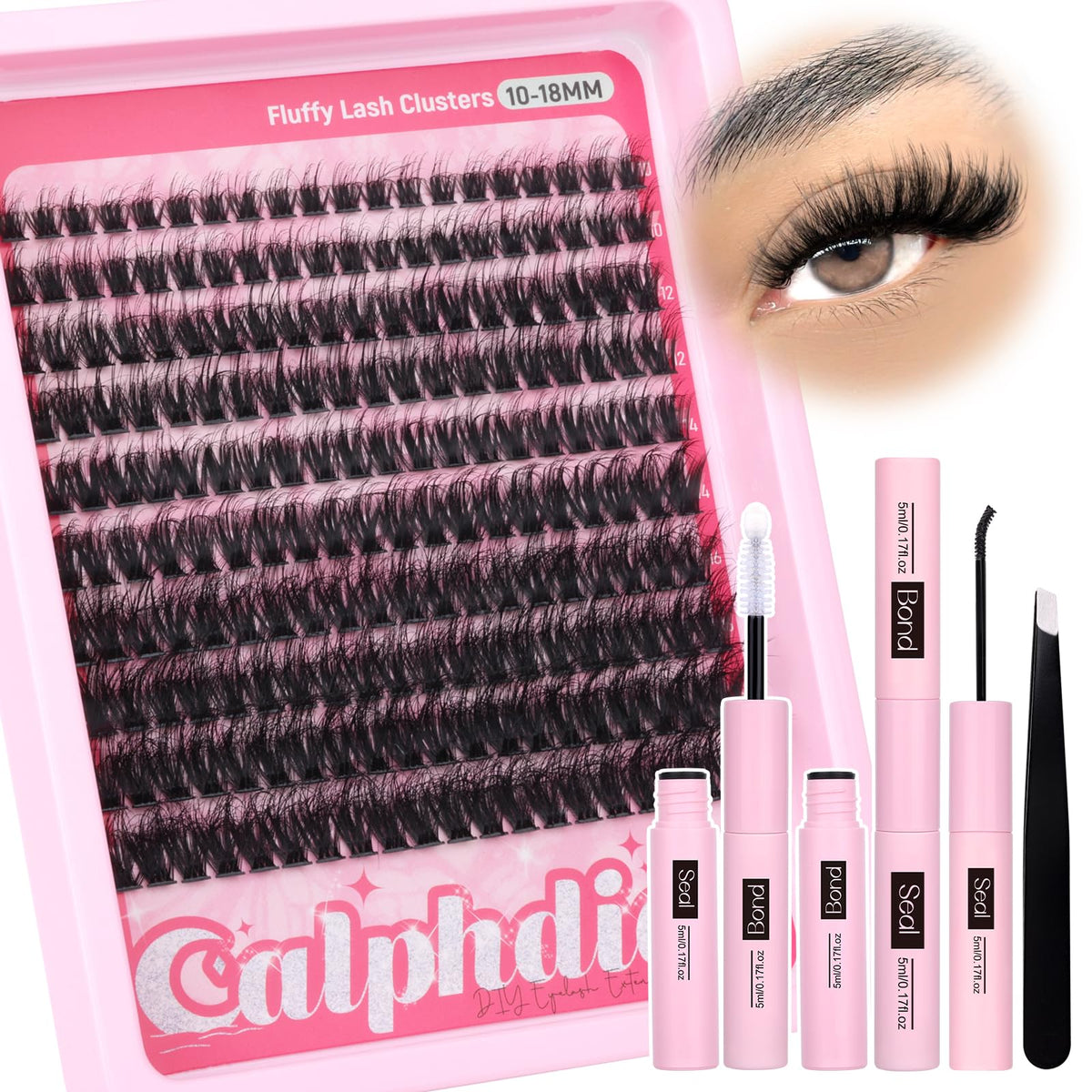 Calphdiar Eyelash Extension Kit - Fluffy Volume D Curl 10-18Mm Lashes With Bond, Seal & Twe