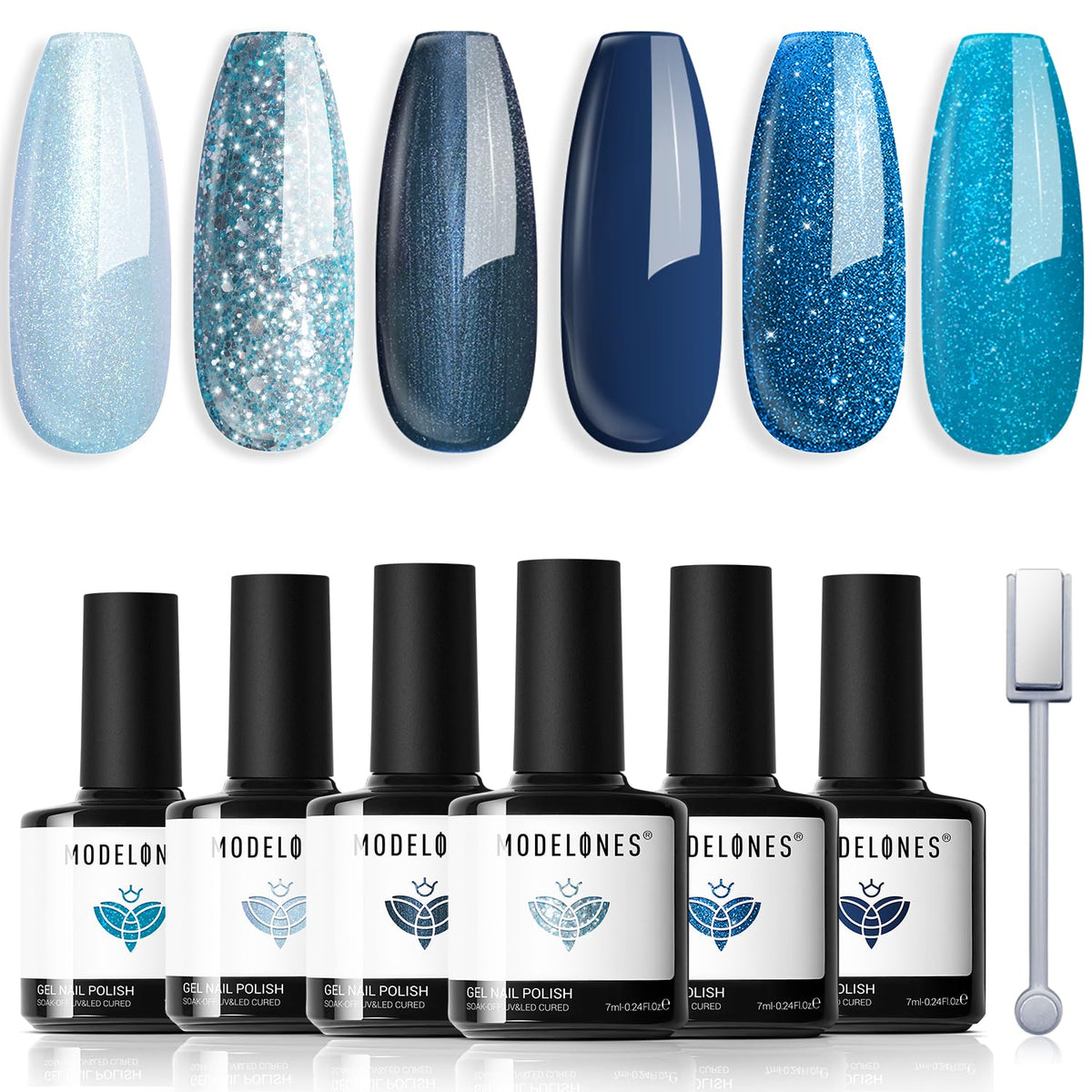 Modelones 6 Colors Gel Nail Polish Set - Blue Glitter & Cat Eye, Soak Off Led, Diy Salon Gift