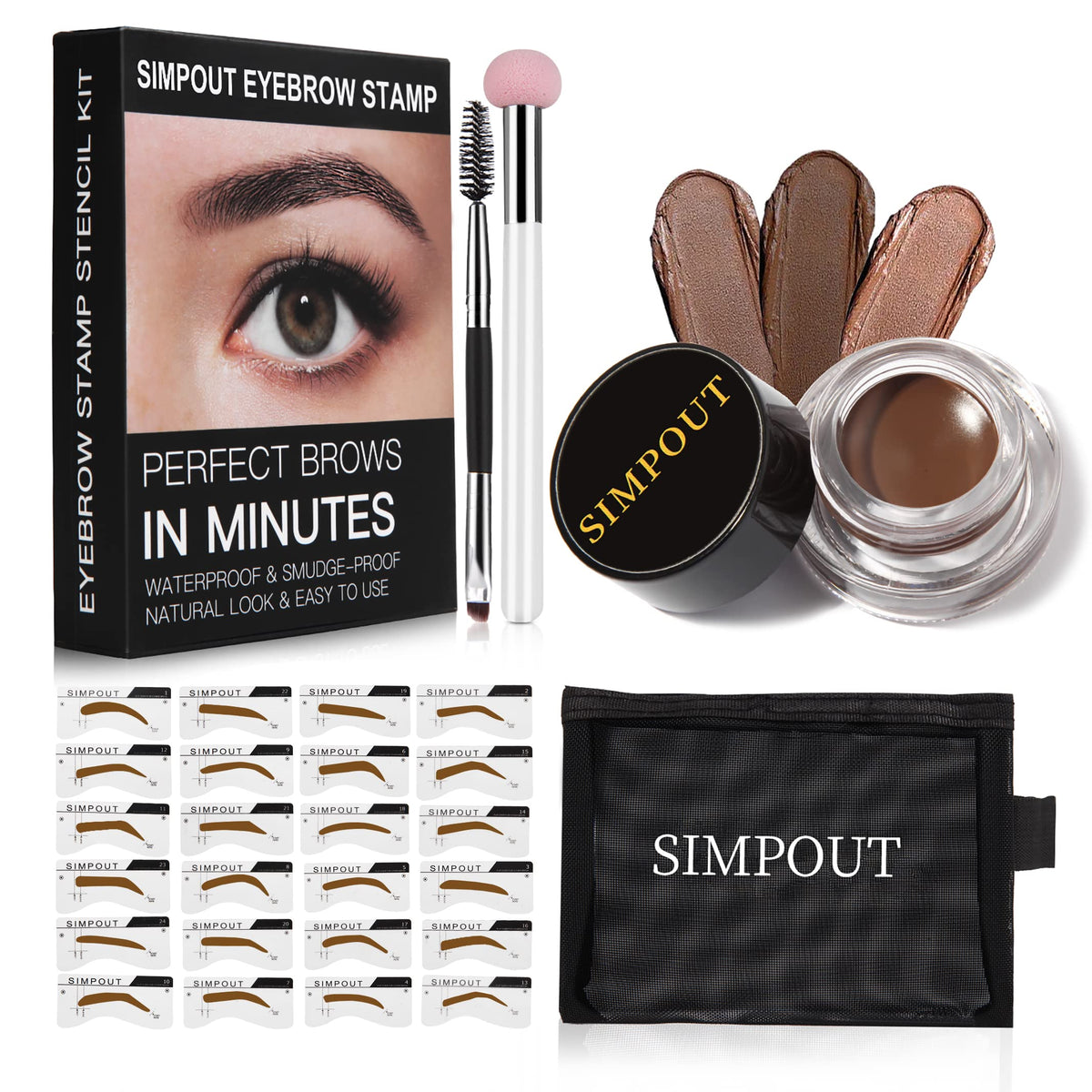 Simpout Eyebrow Stamp Stencil Kit - Waterproof, 29 Stencils, Sponge Applicator, E02 Soft Brown