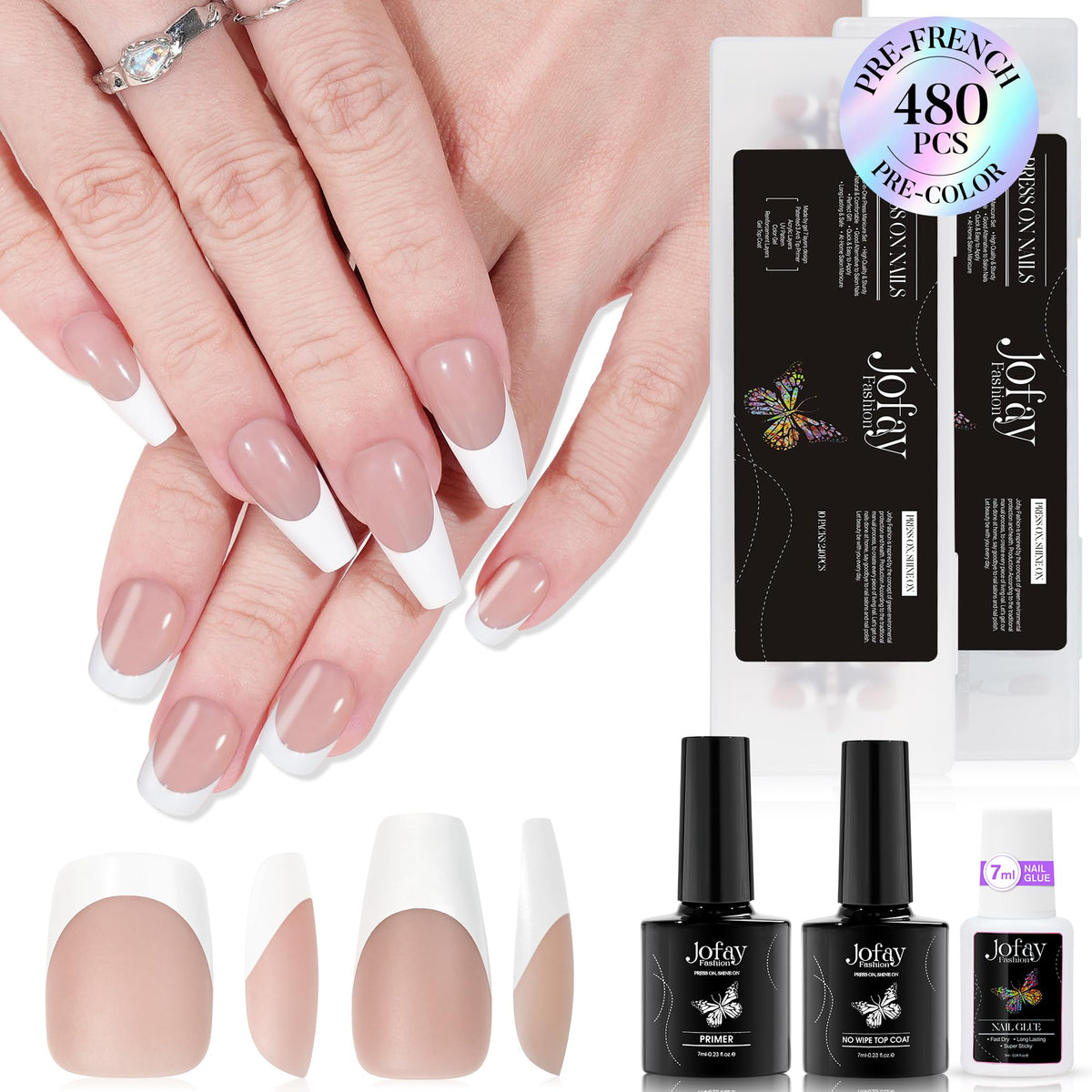 Jofay Fashion French Gel Nail Tips Kit - 480Pcs Press On Nails, Short Square & Coffin Styles