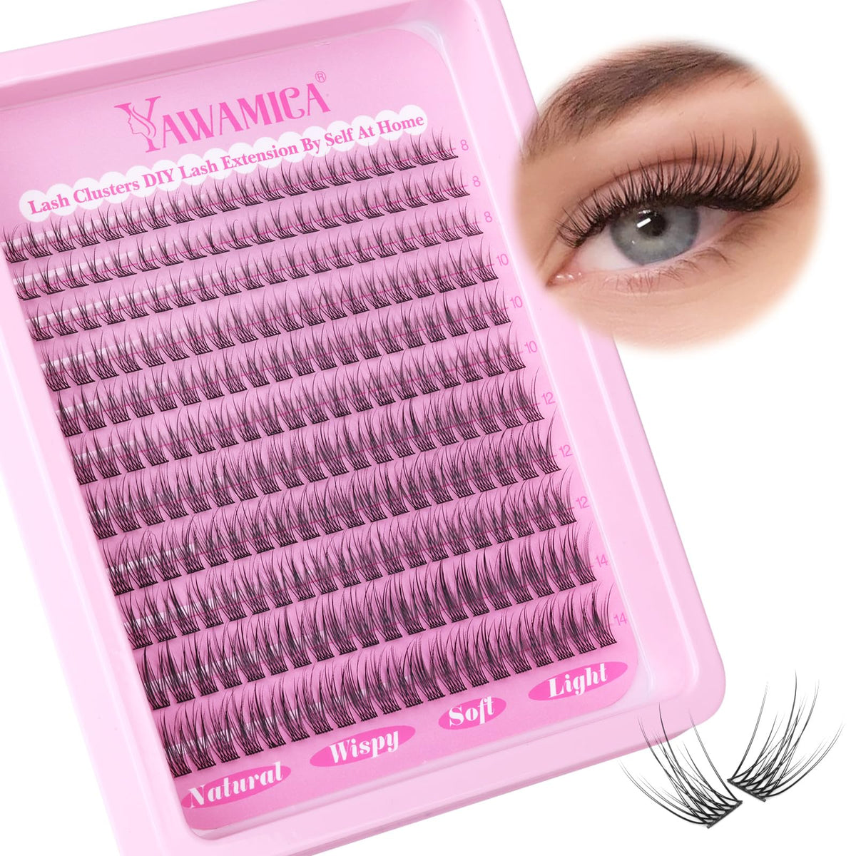 Yawamica Natural Lash Clusters 8-14Mm C Curl Silk Fiber Eyelash Extensions - Waterproof Black