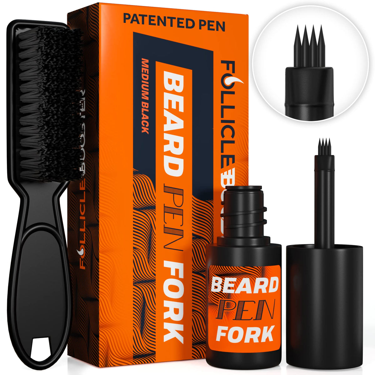 FOLLICLE BOOSTER Medium Black Beard Pen Filler Fork - 4 Tip Micro-Fork Styling Pencil, Waterproof