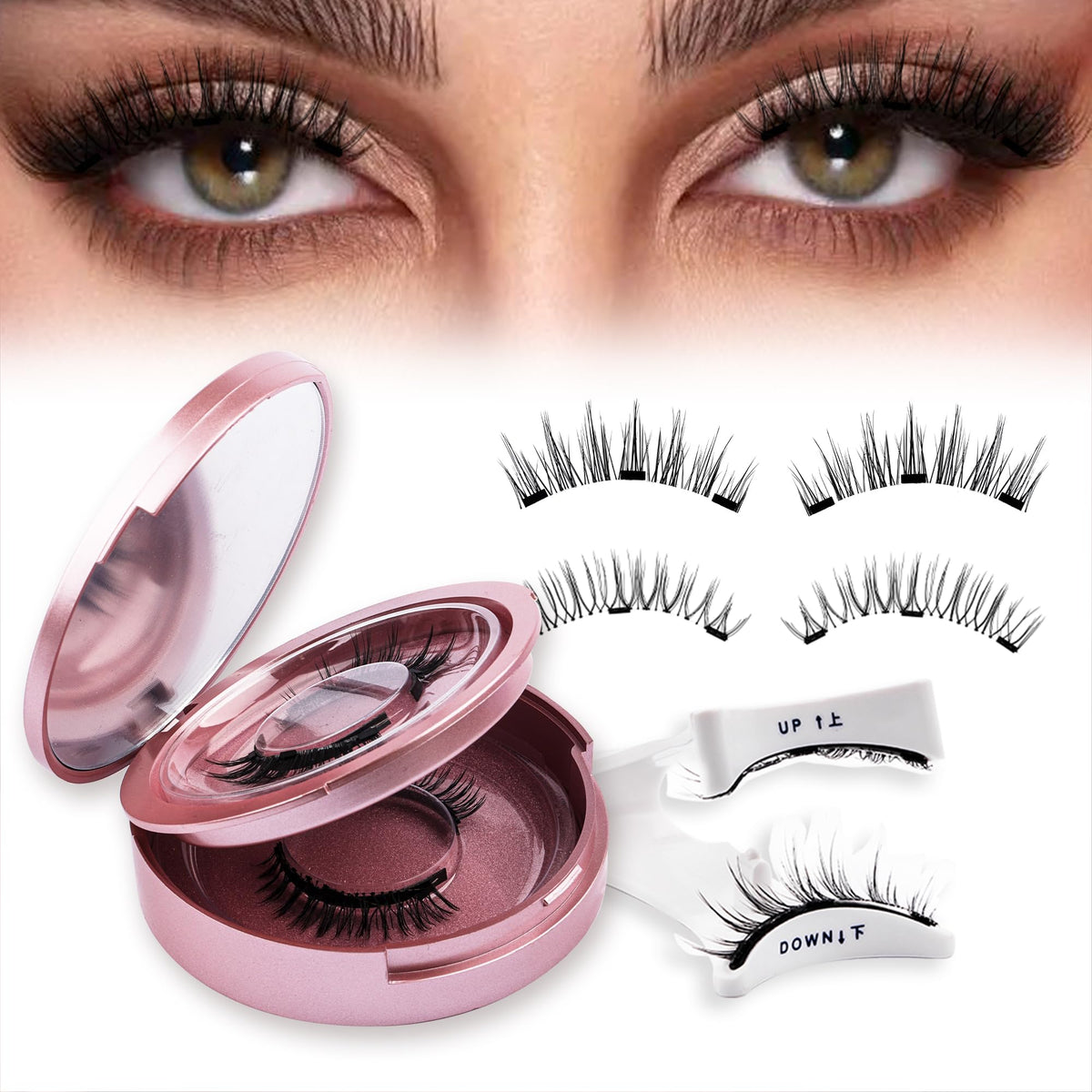 Gemerry Magnetic Eyelashes Kit - 2 Pairs Natural Look Lashes With Applicator & Mirror, No Glue