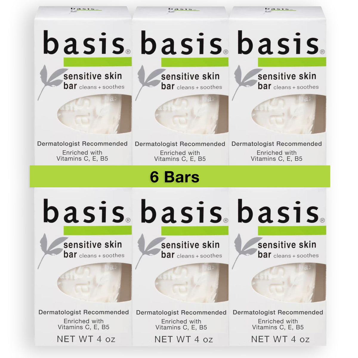 Basis Sensitive Skin Bar Soap, Unscented With Chamomile & Aloe Vera, 4 Oz, Pack Of 6